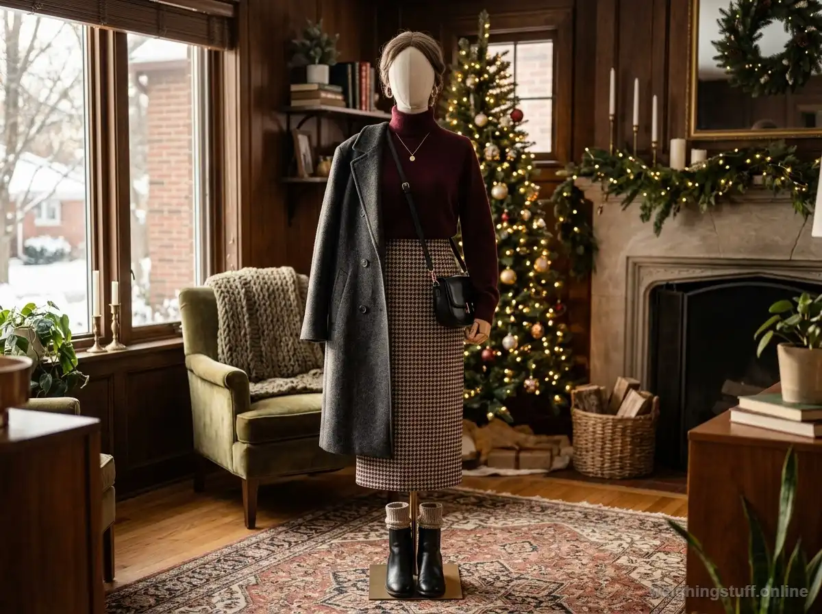 A stylish winter concert outfit showcasing a cashmere turtleneck and wool skirt in a cozy, softly lit room.