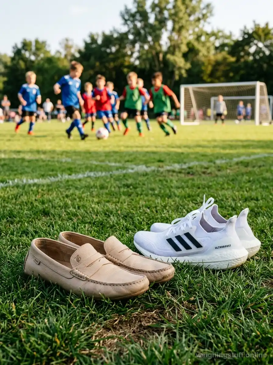 A close-up of stylish beige leather slip-ons and Adidas Ultraboost sneakers on grass, with kids playing soccer in the background.