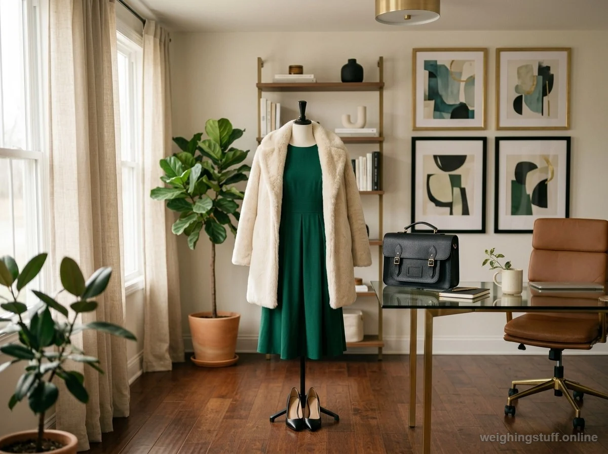 A stylish faux fur coat in cream over a deep emerald green A-line dress in a chic office environment, paired with black pumps and a leather satchel.