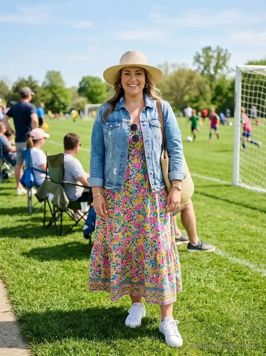 A stylish mom in a vibrant floral maxi dress stands beside a soccer field, showcasing chic comfort with a denim jacket and white sneakers.