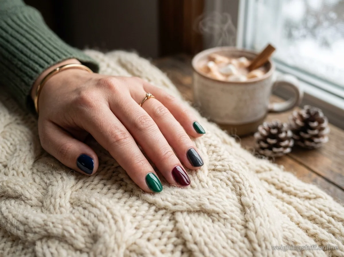 Close-up of stylish short winter nails in cool shades on a cozy wool blanket background, representing winter nail colors.