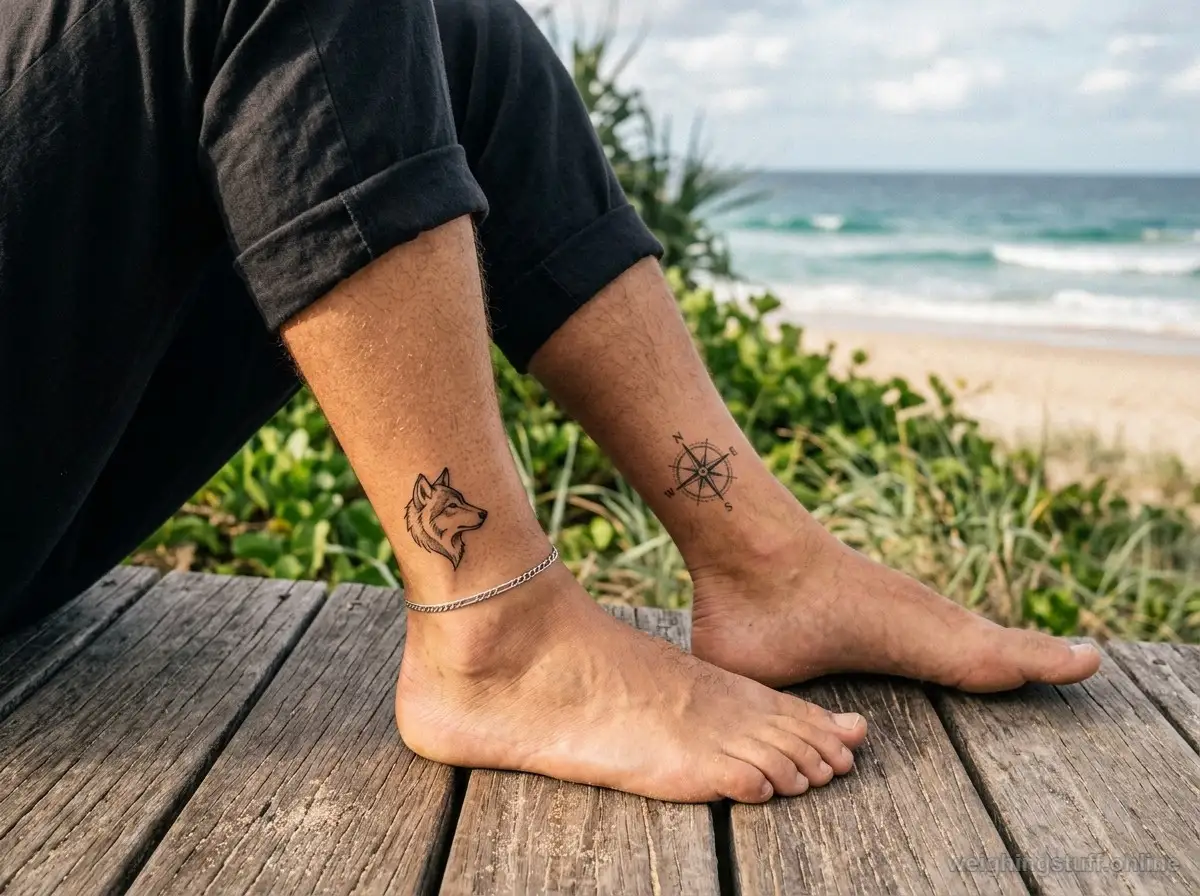 Close-up of a man's ankle featuring stylish small tattoos, including a minimalist wolf and a nautical compass, on a beach deck.