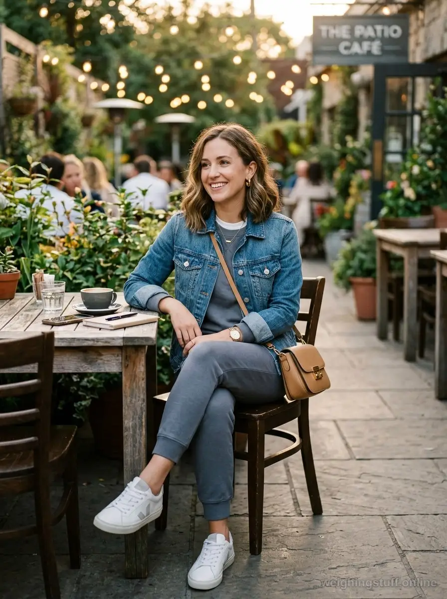 A woman in a chic slate gray jogger set and denim jacket seated at a café, embodying athleisure style.