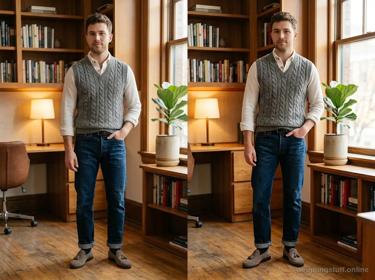 A stylish thermal dress shirt in soft white layered under a grey sweater vest in a warm office setting.