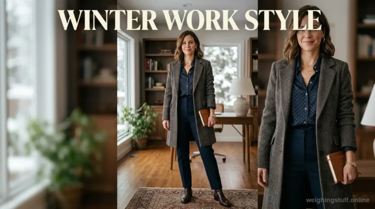 A stylish winter office ensemble featuring a wool coat, blouse, and trousers in a cozy office setting, perfect for winter work style.