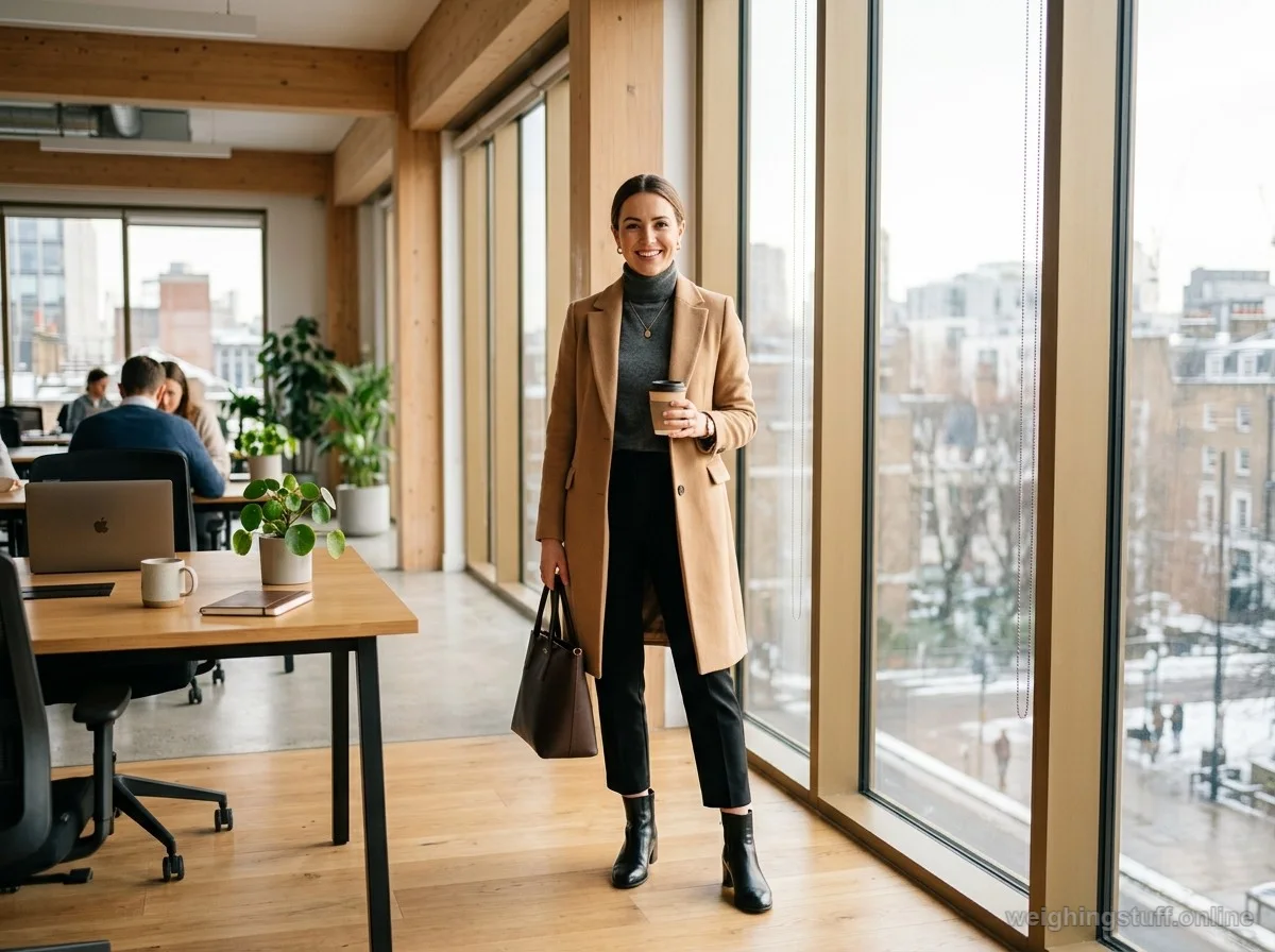 A stylish winter work outfit with a tailored coat, cashmere turtleneck, trousers, and ankle boots in a bright office space.