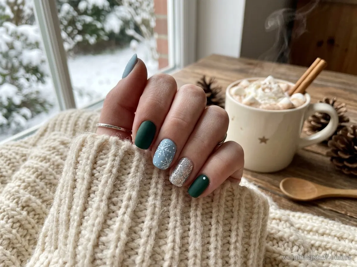Close-up of stylish winter short nails with cozy backdrop featuring hot cocoa and a knitted blanket.