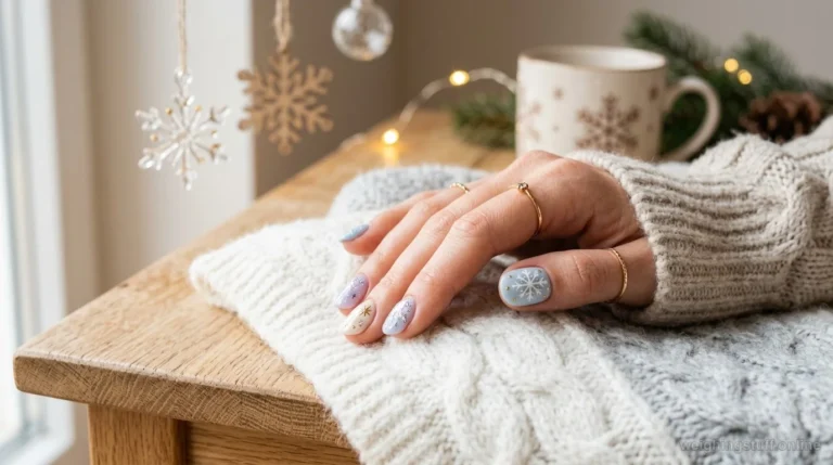 Close-up of stylish short winter nails in pastel colors with snowflake designs on a cozy winter-themed background.