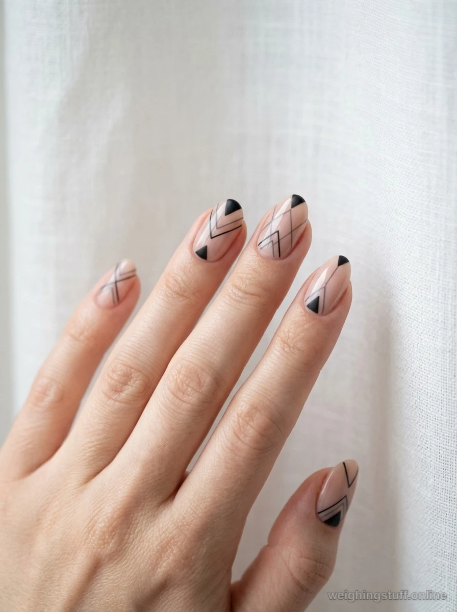 Close-up of a manicured hand with nude nails featuring subtle geometric patterns of matte black triangles and gray lines against a minimalist background.