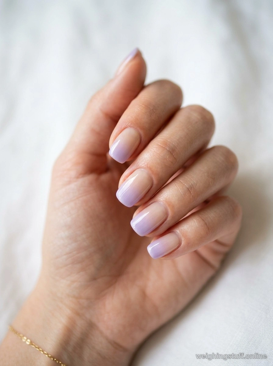 Close-up of subtle gradient nails with sheer beige base and lavender tips on a white background.