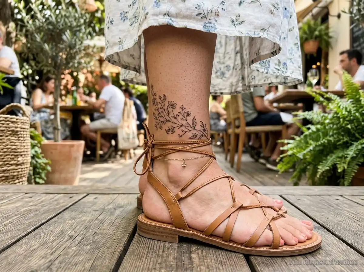 Elegant ankle tattoo design on a woman's leg paired with stylish sandals, perfect for fashion inspiration for 2026.