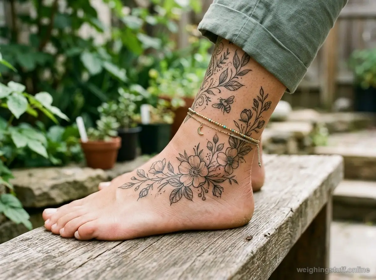 Close-up of a stylish ankle with subtle tattoos, showcasing delicate designs against warm skin tone.