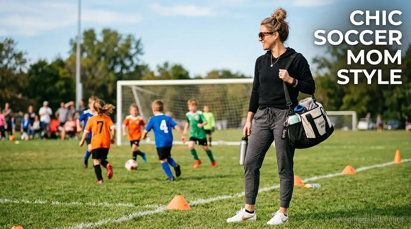 A stylish mom in joggers and hoodie on a sunny soccer field with her kids playing, showcasing chic soccer mom style.
