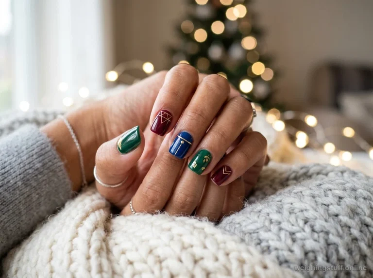 Close-up of 18 winter chrome nails featuring shiny metallic colors and a soft wintry backdrop.