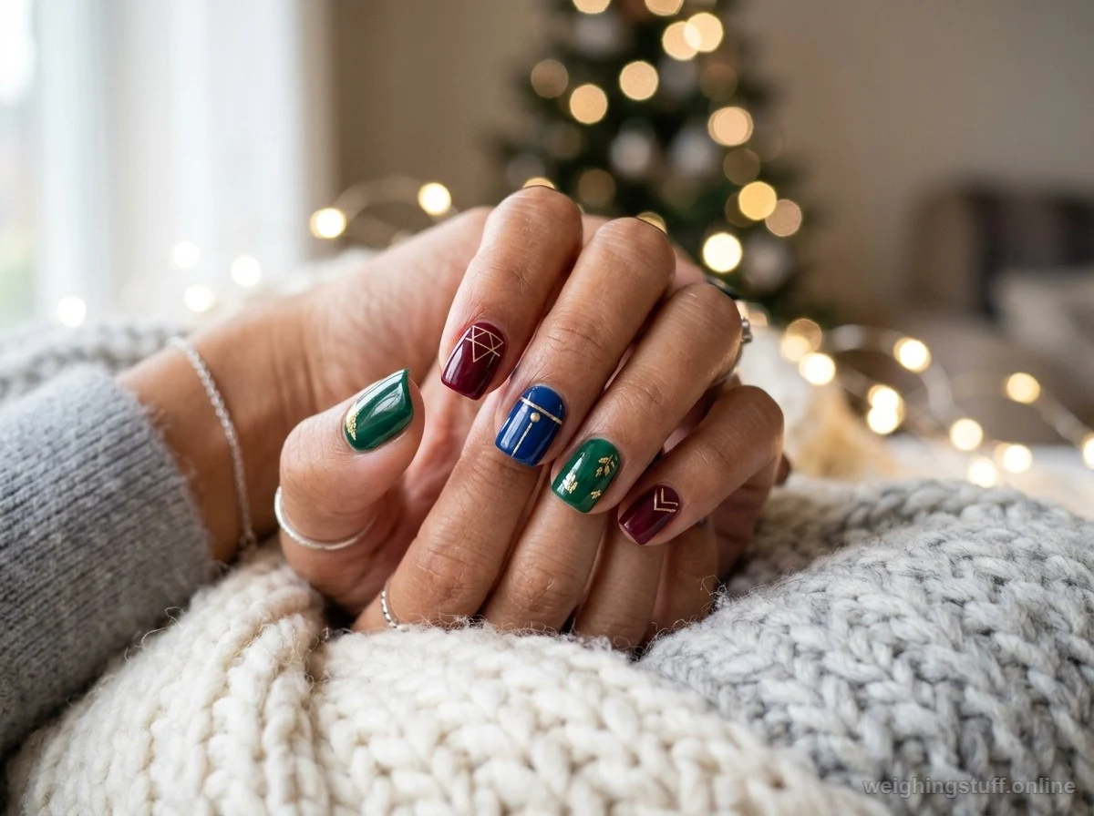 Close-up of 18 winter chrome nails featuring shiny metallic colors and a soft wintry backdrop.