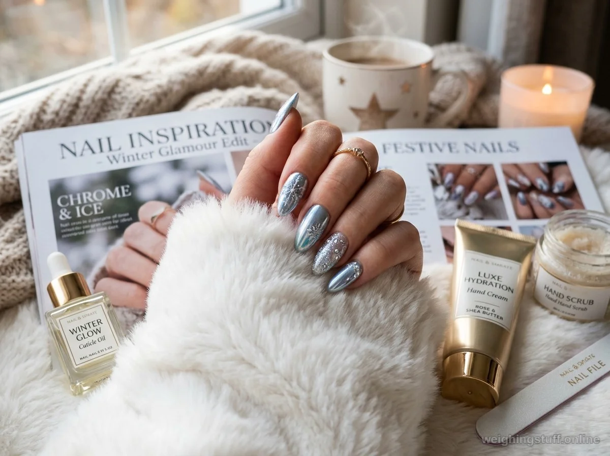 Close-up of winter chrome nails and nail care products highlighting nail health.