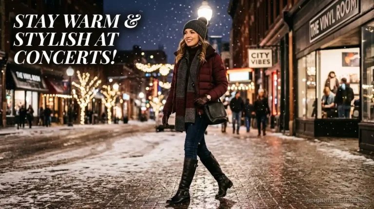 Fashionable individual in a stylish winter concert outfit flaunting a thermal jacket, scarf, and boots in a chic urban setting.
