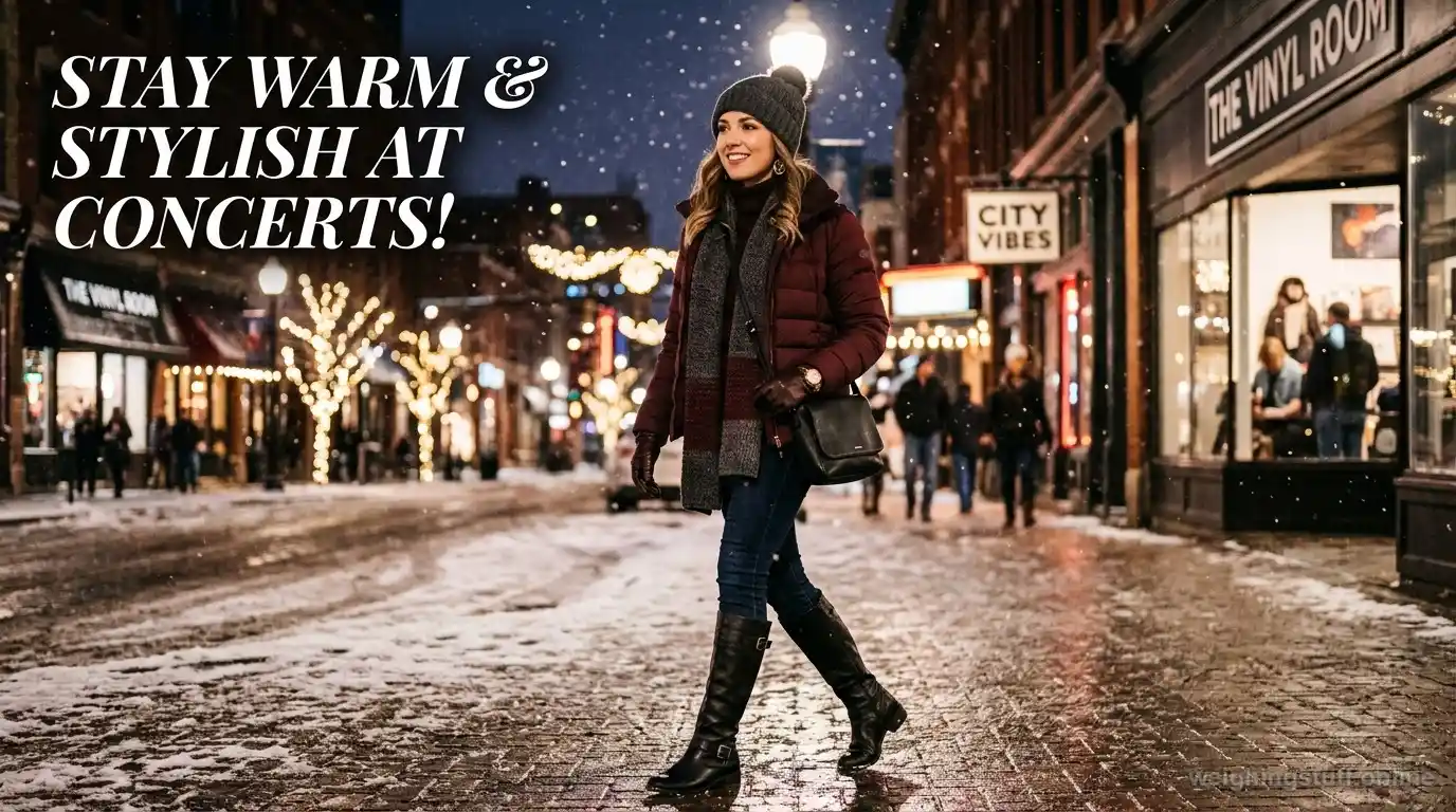 Fashionable individual in a stylish winter concert outfit flaunting a thermal jacket, scarf, and boots in a chic urban setting.