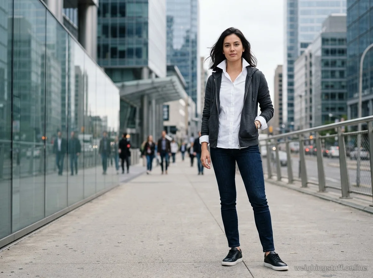 A model showcasing winter layering with a white long-sleeve shirt and charcoal hoodie against a modern urban background.