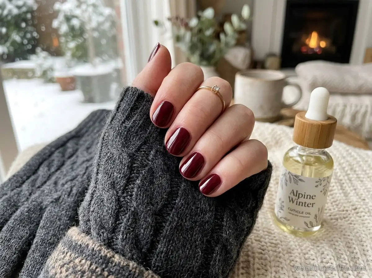 Close-up of stylish short winter nails with cuticle oil and elegant gloves for nail care.