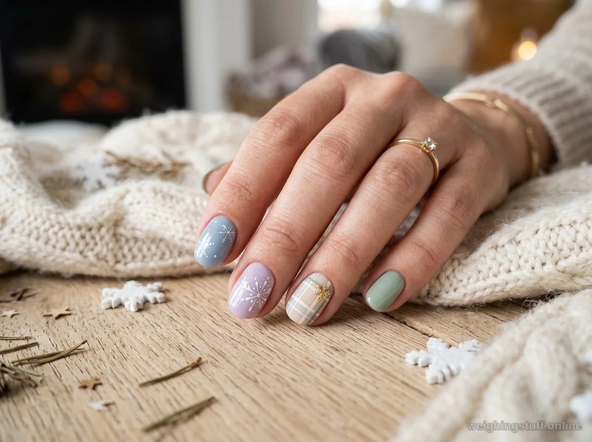 Close-up of winter short nail designs with pastel colors and plaid patterns on a wooden surface.